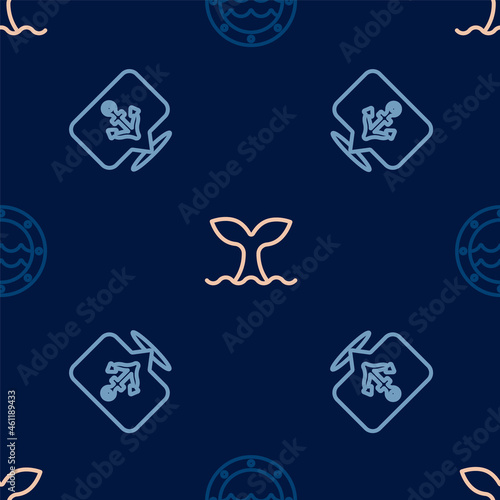 Set line Ship porthole  Anchor and Whale tail on seamless pattern. Vector