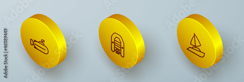 Set Isometric line Submarine, Inflatable boat with motor and Yacht sailboat icon. Vector