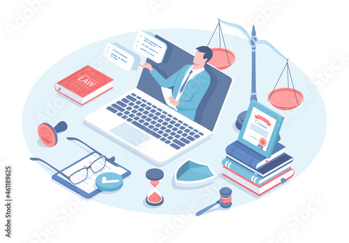 Online legal advice. Professional lawyer consultation. Advocate on laptop screen. Law and justice concept. Vector illustration in 3d design. Isometric web banner.