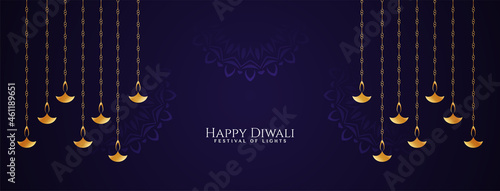 Happy Diwali festival banner with golden hanging lamps