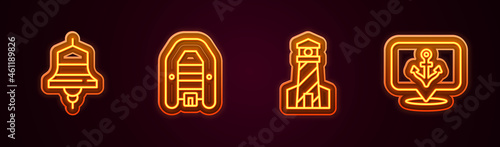 Set line Ship bell, Inflatable boat with motor, Lighthouse and Anchor. Glowing neon icon. Vector