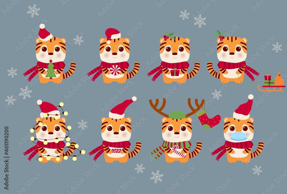 Cute tiger. 2022 Winter set, collection tigers. Tiger horoscope sign. Chinese year of 2022. Happy New Year. Big Christmas set. Concept image of symbol Chinese new year 2022