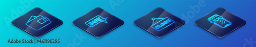 Set Isometric line Hanging sign with text Closed, Wallet, Online shopping on phone and Buy button icon. Vector