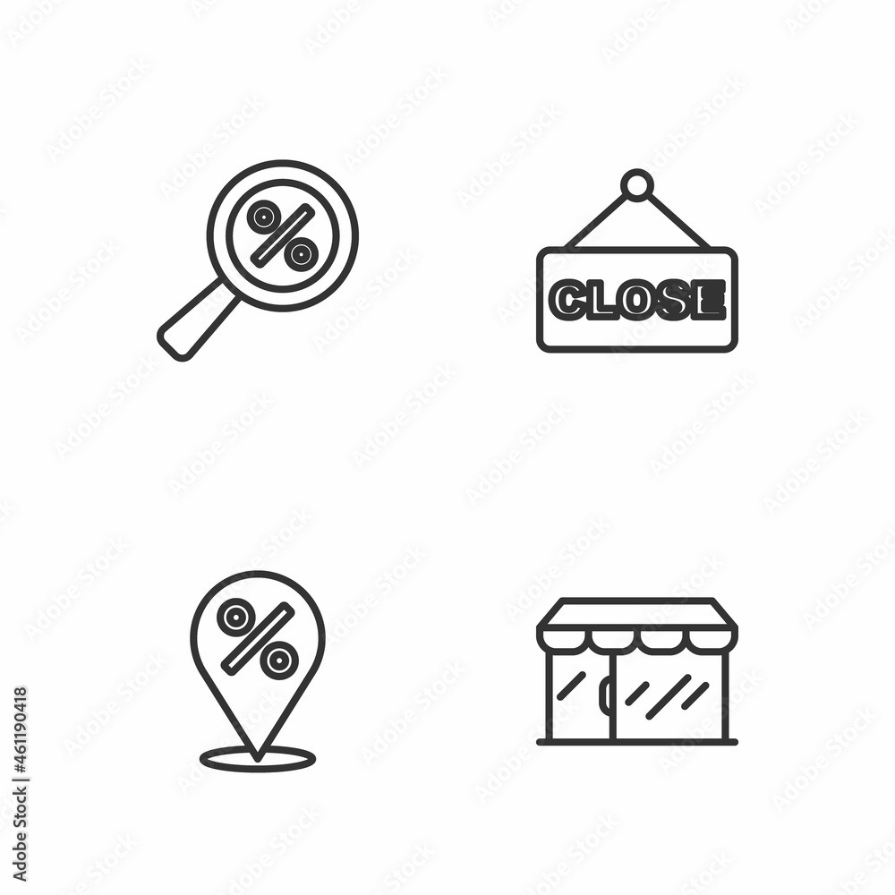 Set line Market store, Location with percent, Magnifying glass and Hanging sign text Closed icon. Vector Set line Market store, Location with percent, Magnifying glass and Hanging sign text Closed icon. Vector