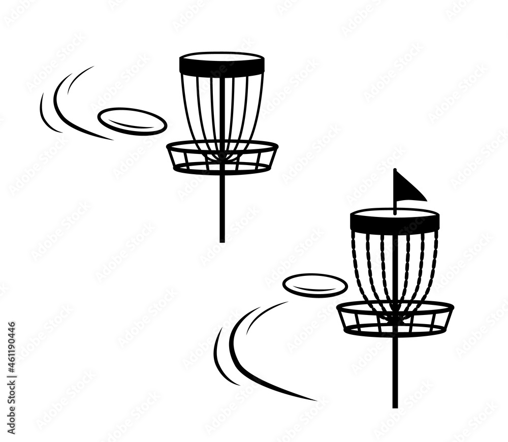 Disc golf basket icon with flying disk. Vector illustration isolated on white background Disc golf basket icon with flying disk. Vector illustration isolated on white background