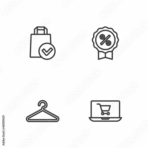 Set line Shopping cart on screen laptop, Hanger wardrobe, Paper shopping bag and Discount percent tag icon. Vector