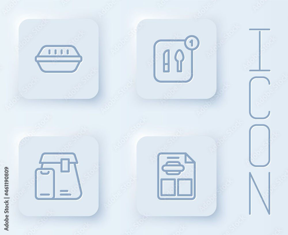 Set line Lunch box, Food ordering, Online food and Restaurant cafe menu. White square button. Vector Set line Lunch box, Food ordering, Online food and Restaurant cafe menu. White square button. Vector
