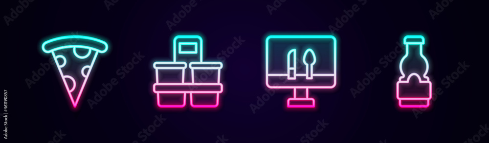 Set line Slice of pizza, Coffee cup to go, Online ordering food and Sauce bottle. Glowing neon icon. Vector Set line Slice of pizza, Coffee cup to go, Online ordering food and Sauce bottle. Glowing neon icon. Vector