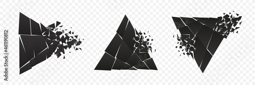 Shape explosion broken and shattered flat style design vector illustration set isolated on transparent background. Various types of triangle shape in grayscale gradient exploding demolition.