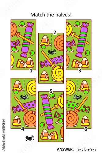 Visual puzzle with halves of picture cards. Halloween candy and sweets. Can you match the halves?
