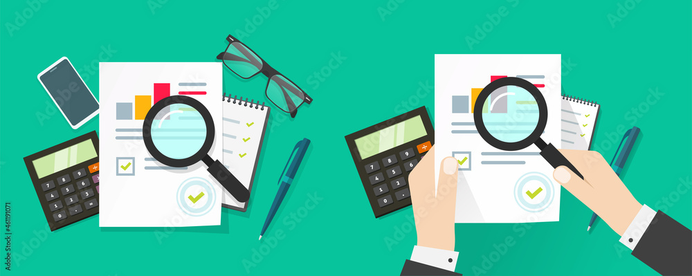Auditor person man research or analyse sales report with review inspection sales chart graphs statistics form flat lay work place table desk vector cartoon, accountant tax assessment concept - obrazy, fototapety, plakaty 