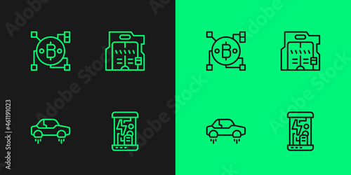 Set line Cryogenic capsules, Fantastic flying car, Blockchain technology Bitcoin and Futuristic sliding doors icon. Vector