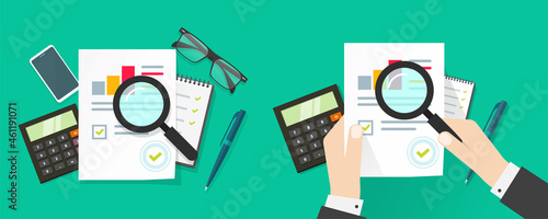 Auditor person man research or analyse sales report with review inspection sales chart graphs statistics form flat lay work place table desk vector cartoon, accountant tax assessment concept