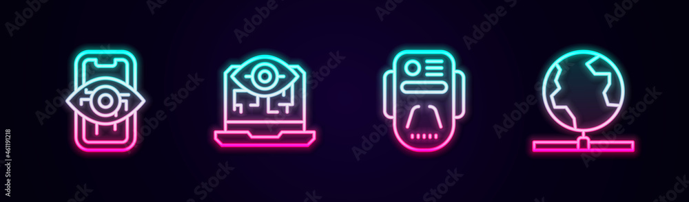Set line Computer vision, Artificial intelligence robot and Global technology. Glowing neon icon. Vector Set line Computer vision, Artificial intelligence robot and Global technology. Glowing neon icon. Vector