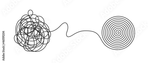 Chaos and order business concept flat style design vector illustration isolated on white background. Tangled disorder turns into spiral order line, find solution. Coaching, mentoring or psychotherapy.