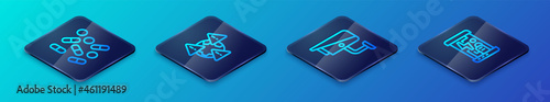 Set Isometric line Security camera, Medical pill biohacking, Cryogenic capsules and Earth with exclamation mark icon. Vector