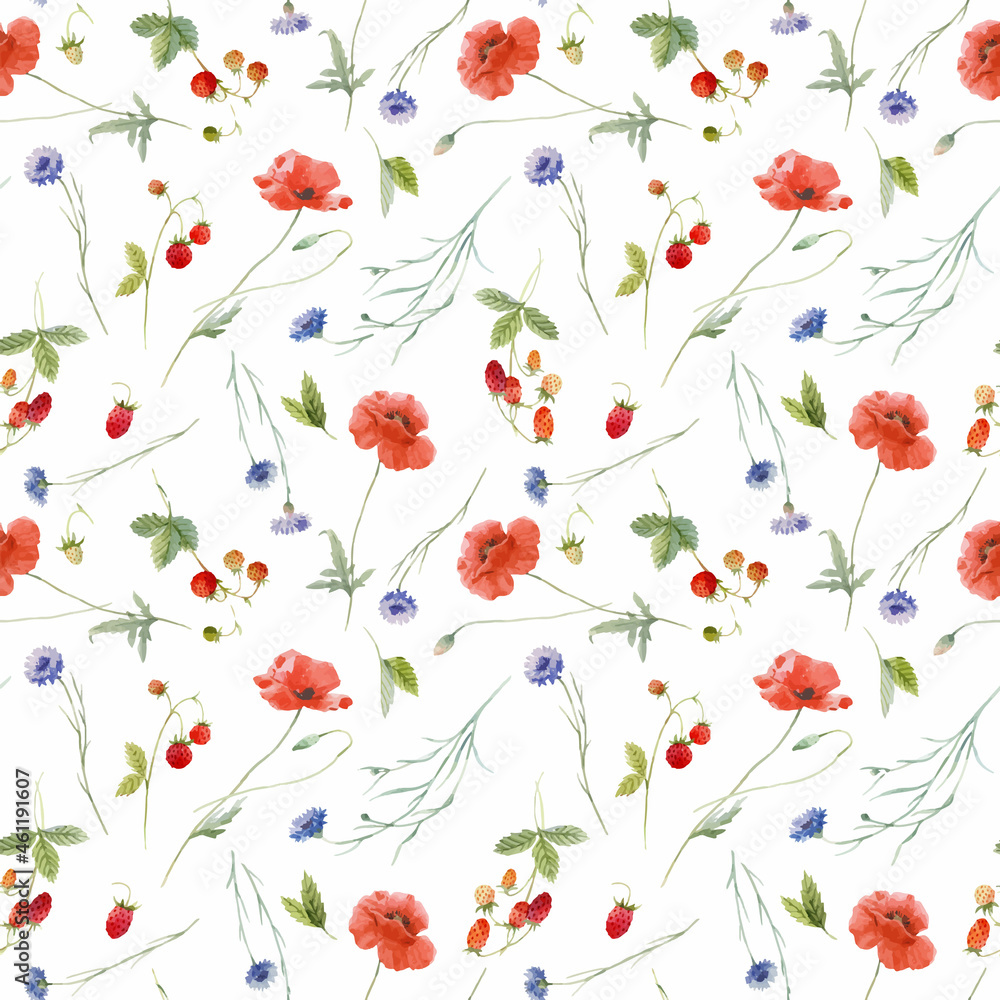 Foto auf Acrylglas mit Schöne Vektor nahtlose Blumenmuster mit handgezeichneten Aquarell sanften wilden Feldblumen Kornblumenmohn. Aktienillustration. #461191607