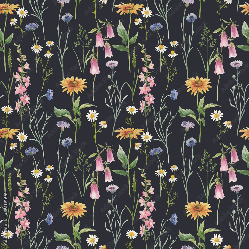 Beautiful vector seamless floral pattern with hand drawn watercolor gentle wild field flowers. Stock illuistration. - obrazy, fototapety, plakaty 