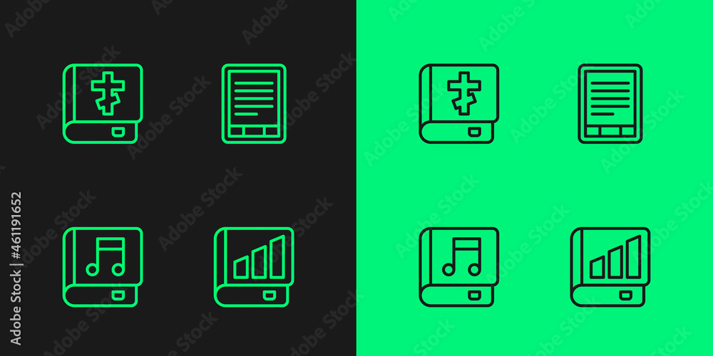 Set line Financial book, Audio, Holy bible and E-Book reader icon. Vector Set line Financial book, Audio, Holy bible and E-Book reader icon. Vector