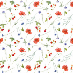 Keuken achterwand Wit patronen Aquarel veldbloemen korenbloem en klaproos  © Zenina-Lembrik