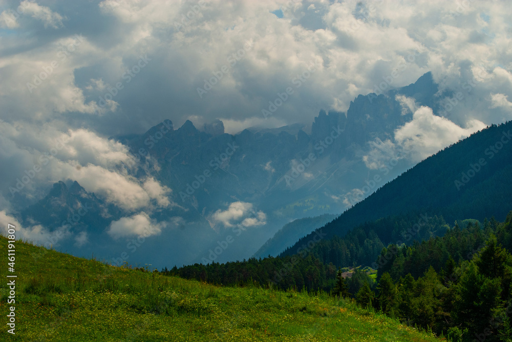 Panoramic landscape of Val d Ega, Eggen valley, summer 2021, South Tyrol, Italy, Europe