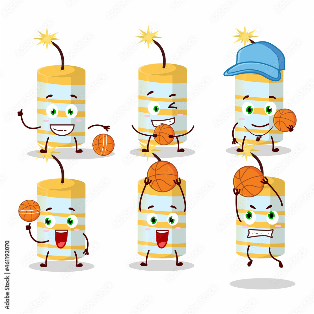 Obraz premium Talented yellow firecracker cartoon character as a basketball athlete