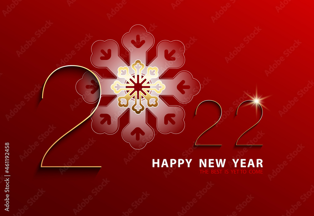 Fototapeta premium Happy New Year 2022. Elegant design gold numbers and snowflake, isolated white text. Red background. Stars shiny. Futuristic Design 2022 New Logo. Elements for calendar and greeting card, poster