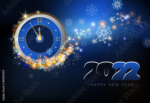 Happy New Year 2022, blue numbers. Glowing gold clock was five minutes past midnight. Dark blue background, stars and snowflakes. Elements for calendar, greeting cards, starry sky, template, Christmas