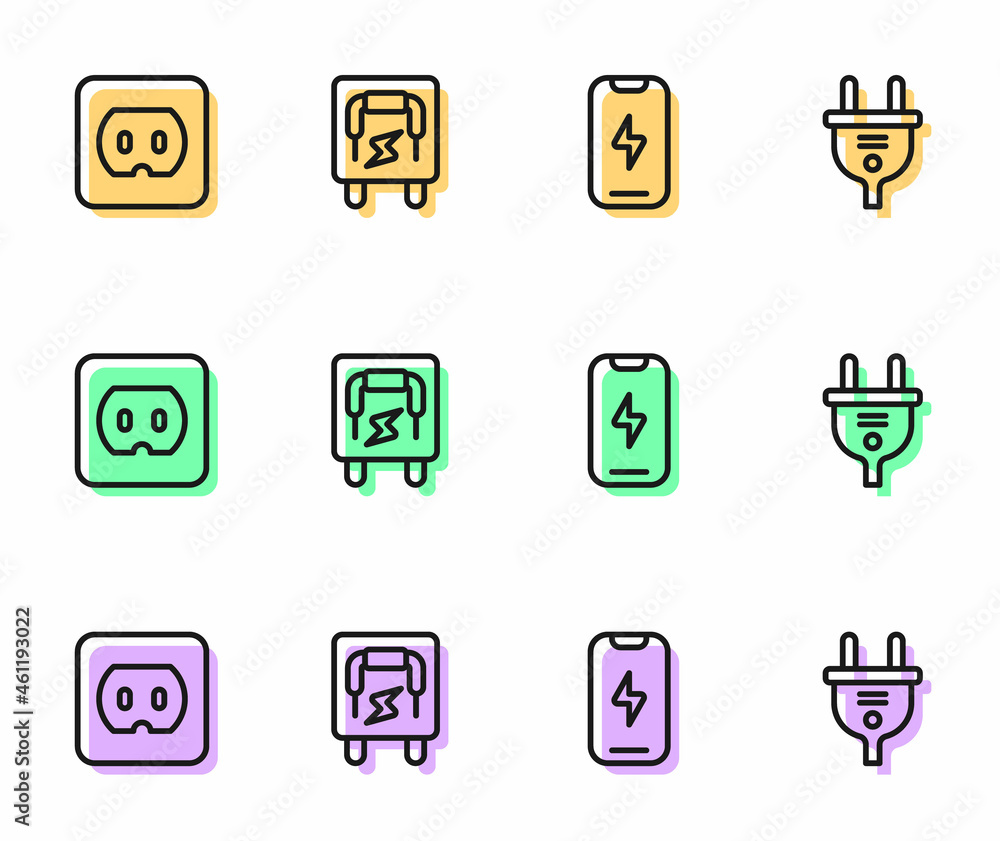 Set line Mobile phone, Electrical outlet, panel and plug icon. Vector Set line Mobile phone, Electrical outlet, panel and plug icon. Vector