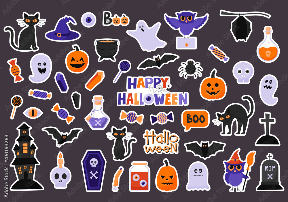 A set of stickers for celebrating Halloween. Sticker pack with a white  border. Halloween characters and attributes in flat style. Ghost, owl cat,  bat, candy, haunted house.Color vector illustrations. vector de Stock