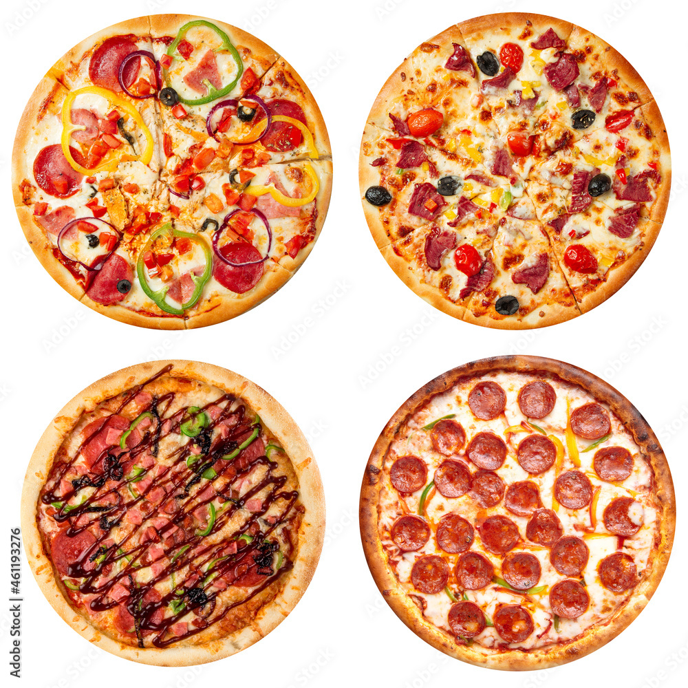 Set of different pizzas collage isolated on white background Set of different pizzas collage isolated on white background