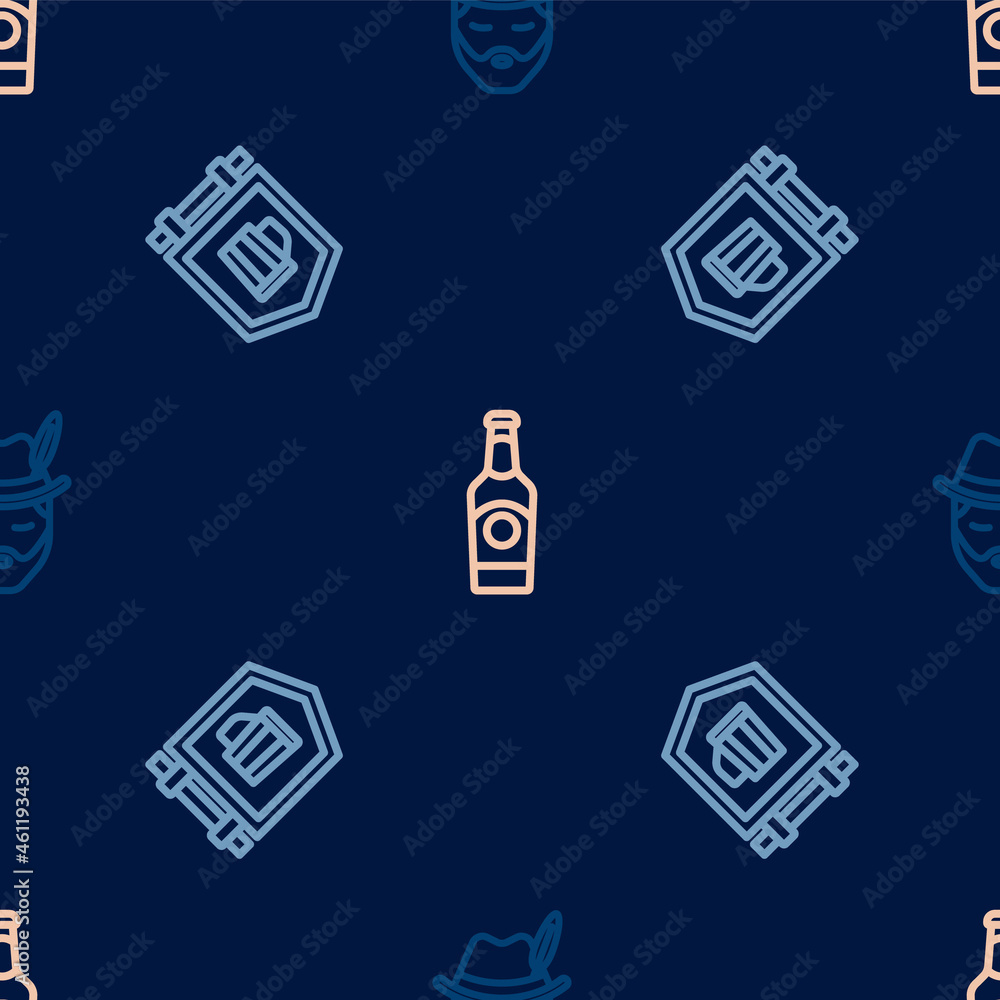 Set line Oktoberfest man, Street signboard with beer and Beer bottle on seamless pattern. Vector Set line Oktoberfest man, Street signboard with beer and Beer bottle on seamless pattern. Vector