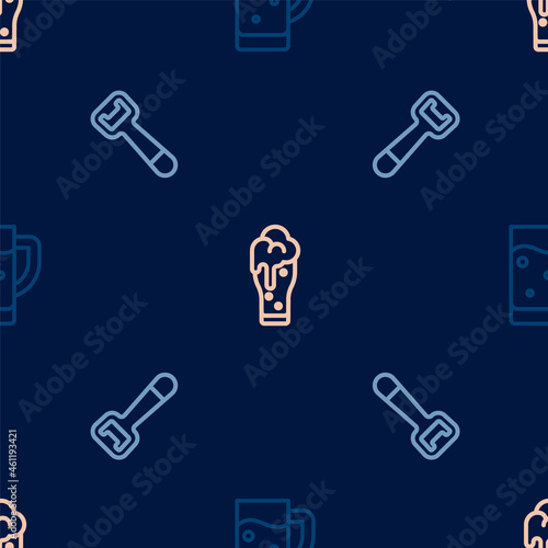 Set line Glass of beer, Bottle opener and on seamless pattern. Vector