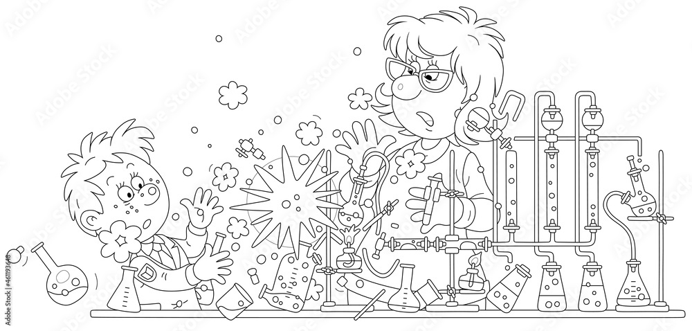 Naklejka premium School teacher and a schoolboy making an explosion during a dangerous experiment with reagents at a chemistry lesson in a class, black and white vector cartoon illustration