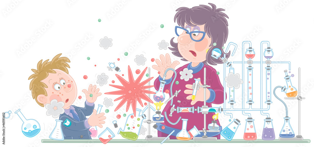 School teacher and a schoolboy making an explosion during a dangerous experiment with reagents at a chemistry lesson in a class, vector cartoon illustration on a white background School teacher and a schoolboy making an explosion during a dangerous experiment with reagents at a chemistry lesson in a class, vector cartoon illustration on a white background