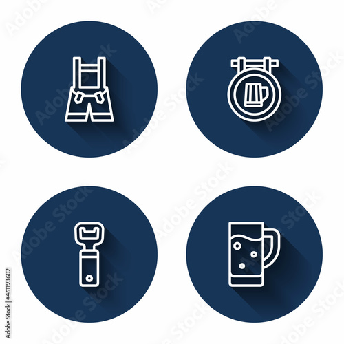 Set line Lederhosen  Street signboard with beer  Bottle opener and Glass of with long shadow. Blue circle button. Vector