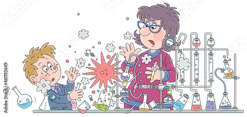 School teacher and a schoolboy making an explosion during a dangerous experiment with reagents at a chemistry lesson in a class, vector cartoon illustration on a white background
