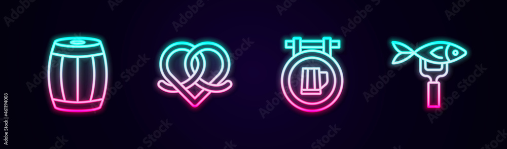 Set line Wooden barrel, Pretzel, Street signboard with beer and Dried fish. Glowing neon icon. Vector Set line Wooden barrel, Pretzel, Street signboard with beer and Dried fish. Glowing neon icon. Vector