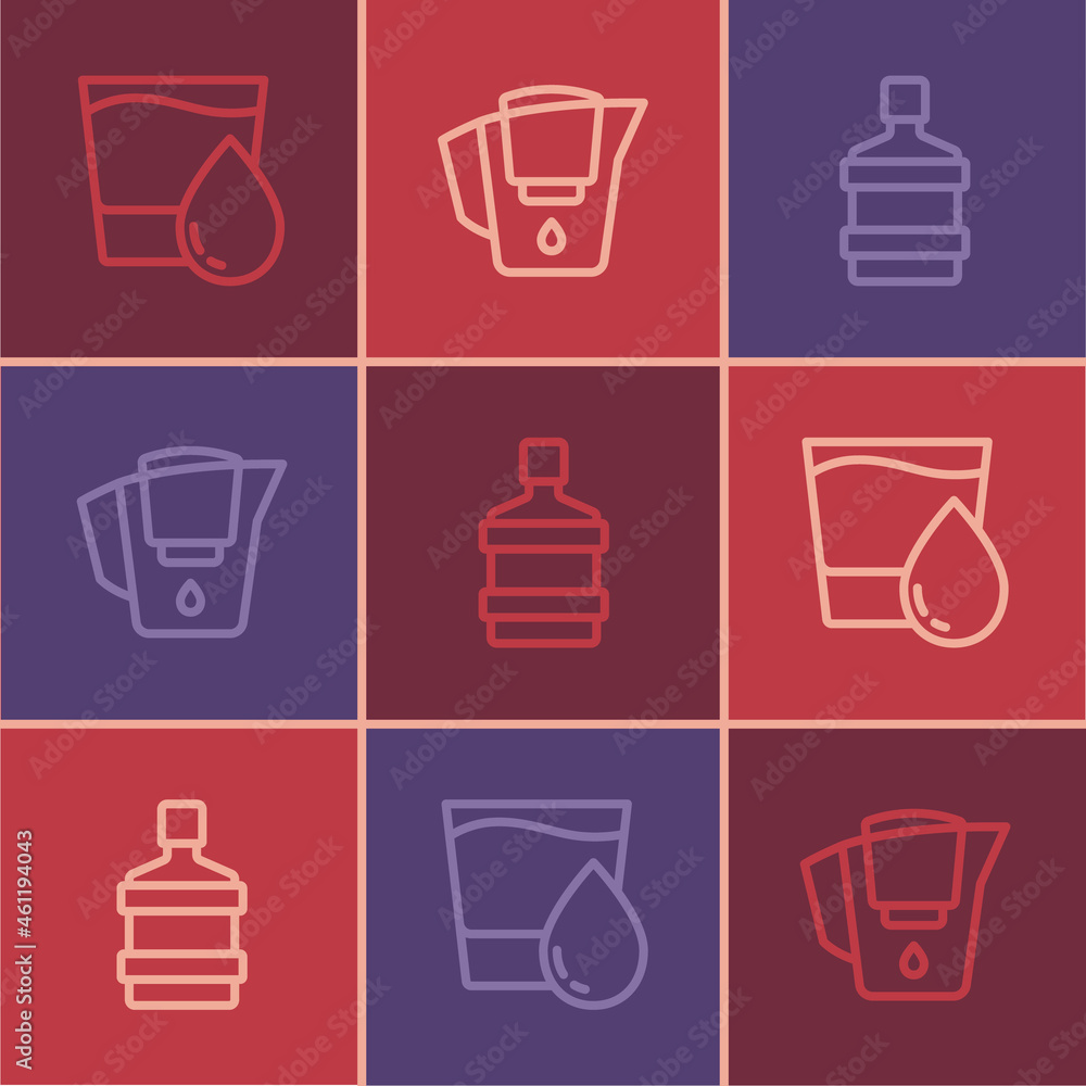 Set line Glass with water, Big bottle clean and Water jug filter icon. Vector Set line Glass with water, Big bottle clean and Water jug filter icon. Vector