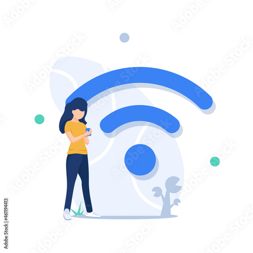 big wifi sign. Free wifi hotspot,People in free internet zone using mobile gadgets
