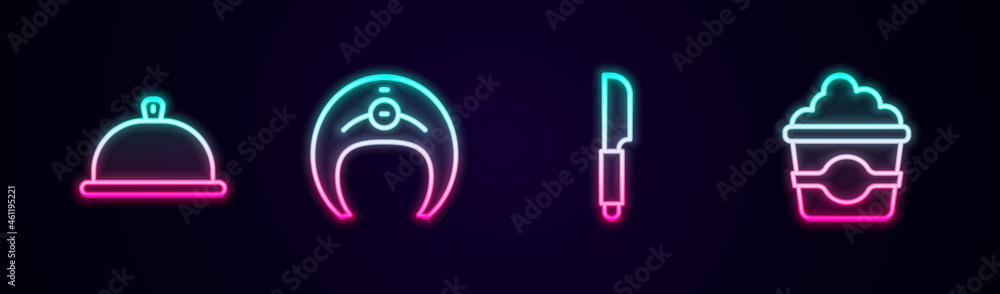 Set line Covered with tray of food, Fish steak, Knife and Popcorn in cardboard box. Glowing neon icon. Vector Set line Covered with tray of food, Fish steak, Knife and Popcorn in cardboard box. Glowing neon icon. Vector