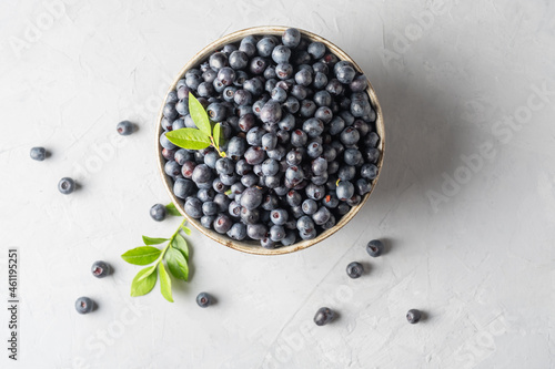 Blueberry bowl on white background with copy space in rustic stylel