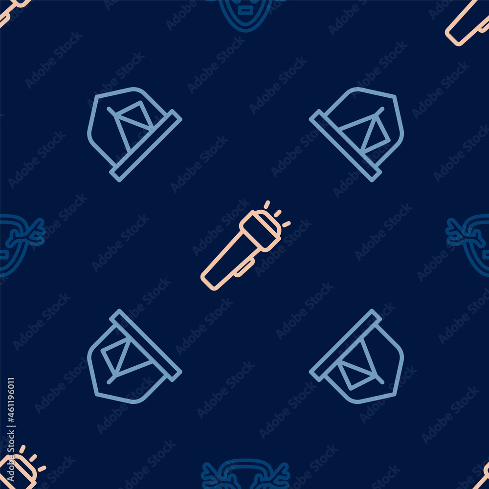 Set line Deer antlers on shield, Tourist tent and Flashlight on seamless pattern. Vector Set line Deer antlers on shield, Tourist tent and Flashlight on seamless pattern. Vector