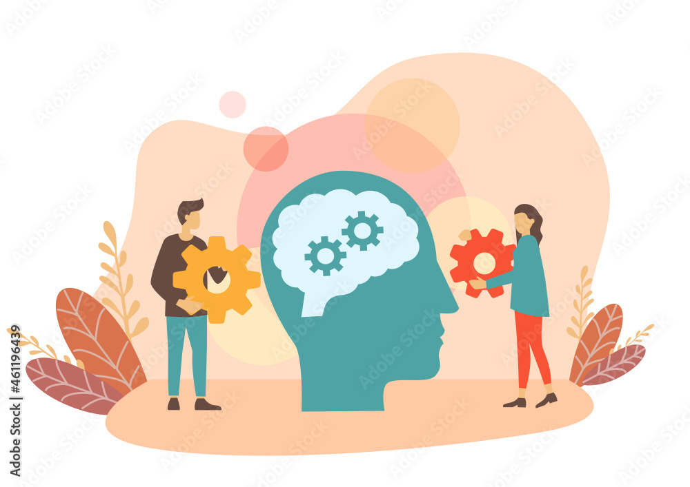 Fototapeta premium Mental health care treatment vector illustration concept. specialist doctor work to give psychology therapy. Tiny people character with ladder design. Banner, poster, or media social printing.