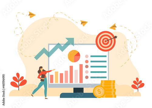 Strategy digital marketing system, achievement targeting market flat design vector illustration.