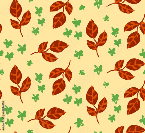 Abstract Hand Drawing Leaves and Ditsy Flowers Seamless Vector Pattern Isolated Background