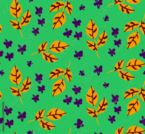Abstract Hand Drawing Leaves and Ditsy Flowers Seamless Vector Pattern Isolated Background
