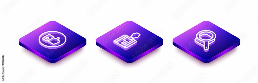 Set Isometric line Hand like, Seller and Magnifying glass icon. Vector Set Isometric line Hand like, Seller and Magnifying glass icon. Vector