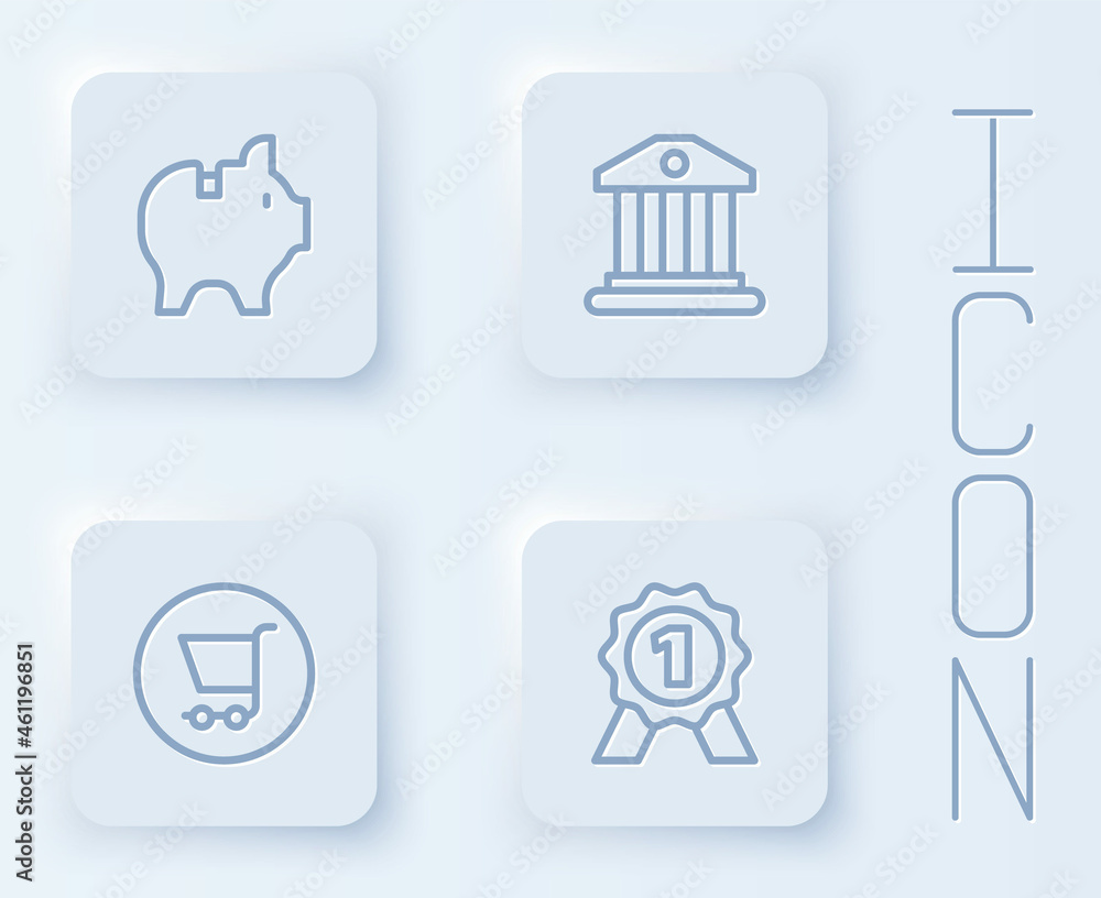 Set line Piggy bank, Bank building, Shopping cart and Medal. White square button. Vector Set line Piggy bank, Bank building, Shopping cart and Medal. White square button. Vector