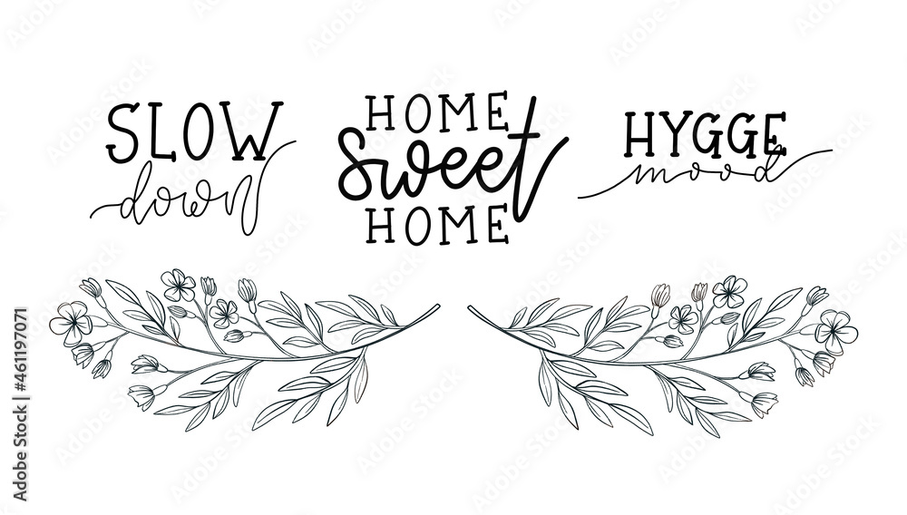 Cocooning, hygge mood, slow down Home sweet home hand drawn lettering phrase for print, textile, decor, poster, card. Typographic hygge slogan.